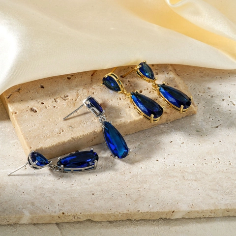 Vintage Kupfer Strass Wassertropfen Ohrringe Für Damen Elegante Blaue Edelstein Teardrop Ohrstecker Retro Party Schmuck