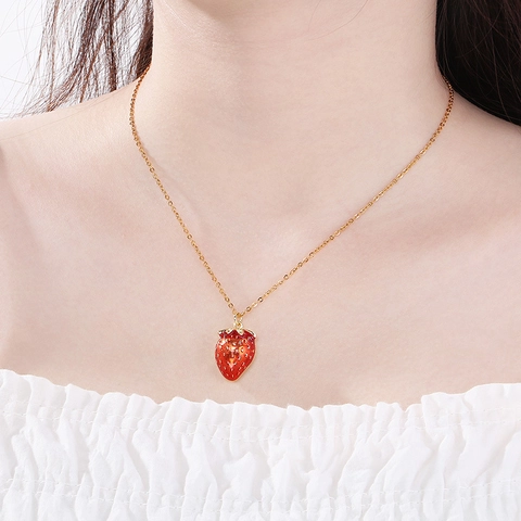 Fruit Pendant Necklace Stainless Steel Gold Strawberry Watermelon Corn Rhinestone Enamel Dainty Clavicle Chain Women