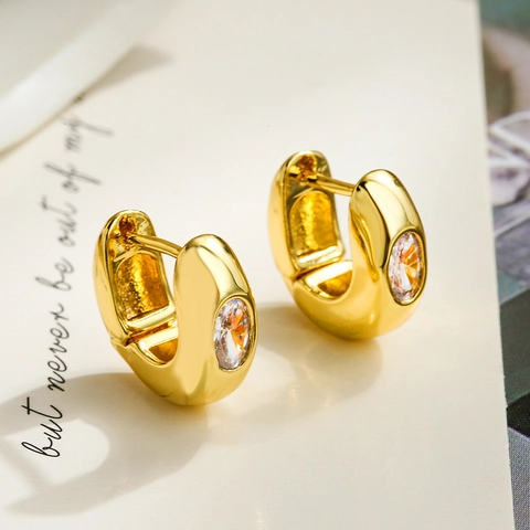 Elegant Copper Gold Plated Huggie Earrings With Oval Zircon Geometric Hoop Simple Jewelry For Women