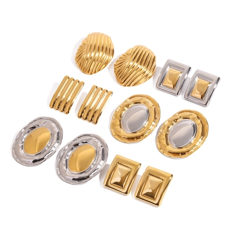 Pendientes de Botón de Acero Inoxidable Vintage Oversize para Mujer Pendientes Geométricos Bañados en Oro Plata Pendientes con Textura de Ondas Joyería de Moda