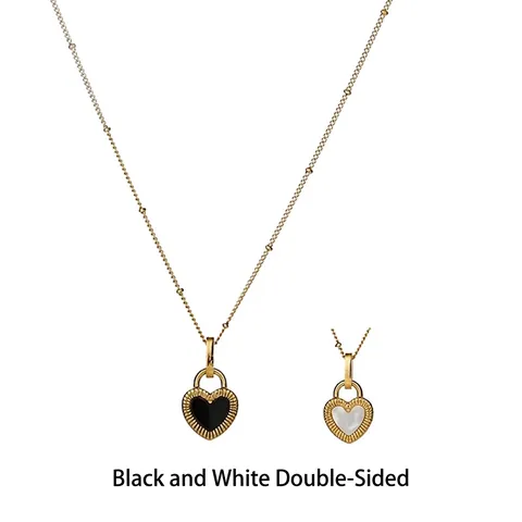 Double Sided Heart Pendant Necklace Earrings Reversible Black White Stainless Steel Bead Chain Jewelry For Women
