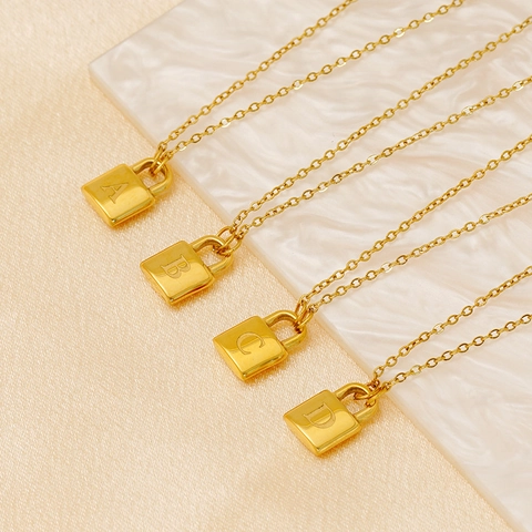 Padlock Initial Letter Necklace 18K Gold Plated Stainless Steel Minimalist Square Lock Pendant Jewelry For Women