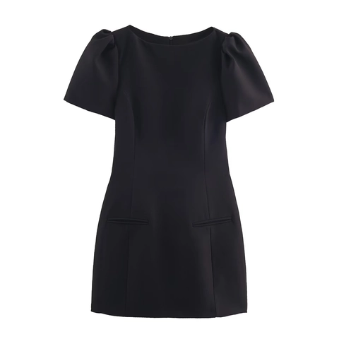 Elegant Women Mini Dress Short Puff Sleeve Round Neck Pleated Decorative Pockets A-Line Solid Polyester Retro Summer