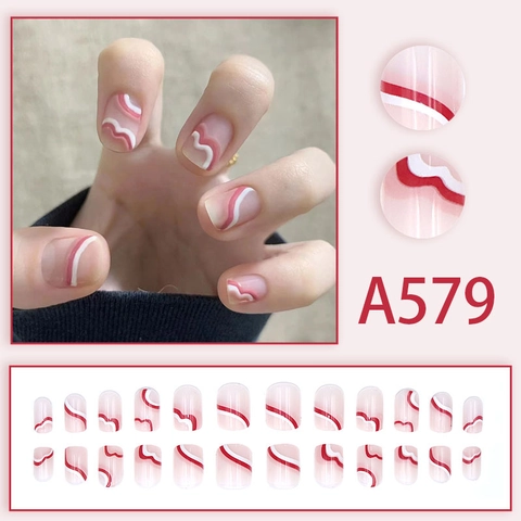 Short Square Press On Nails Pink White Wavy Abstract Design Translucent Elegant Simple False Fingernails For Women