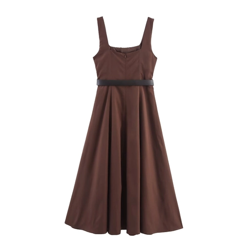 Robe Midi Sans Manches À Col Carré Pour Femmes Avec Ceinture Marron Polyester Ligne A Élégante Décontractée