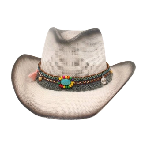 Cappello Da Cowboy In Paglia Western Etnico Bohémien Tesa Larga Protezione Solare Con Nappa Di Perline Turchese