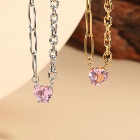 Edelstahl Rosa Herz Zirkon Anhänger Halskette Asymmetrische Büroklammer Spleißkette Minimalistischer Schmuck Damen