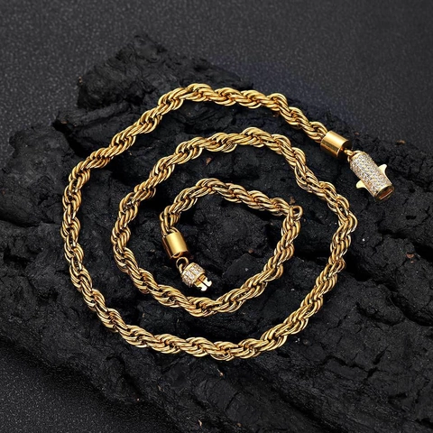 Collana A Catena Di Corda Torta Acciaio Inossidabile Con Chiusura In Zirconia Iced Out Gioielli Hip Hop Oro Argento