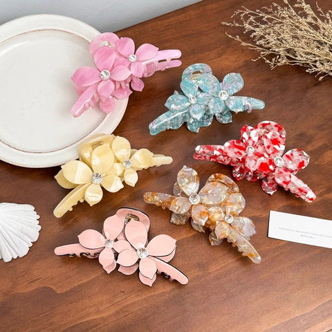 Large Flower Hair Claw Clip Acetate Rhinestone Inlaid Shark Clip Strong Hold French Style Hair Accessories For Women
