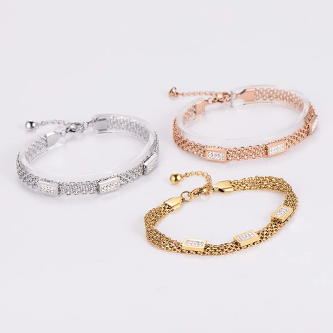 Pulsera De Cadena Multicapa Acero Inoxidable 316L Zirconia Cúbica Pavé Rectangular Joyería De Moda Para Mujeres