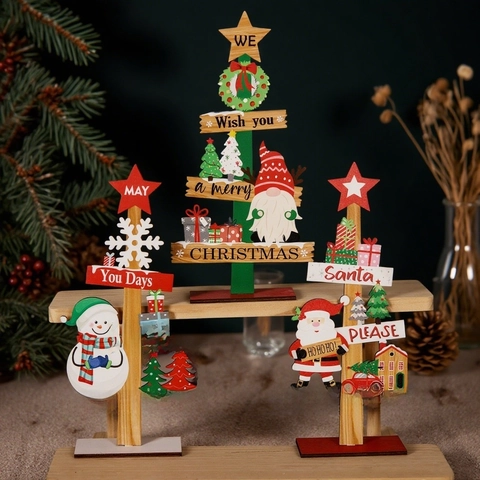 Ornements De Bureau En Bois De Noël Père Noël Bonhomme De Neige Gnome Décorations De Table Décoration De Fête