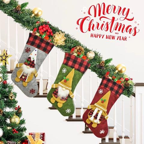 Christmas Stocking Gift Bag Gnome Gingerbread Man Plaid Decoration For Fireplace Party Holiday Home Hanging Decor
