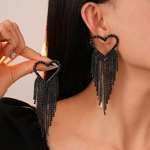 Heart Shaped Black Rhinestone Long Tassel Dangle Earrings With Silver Earring Post Copper Dark Style Jewelry Women