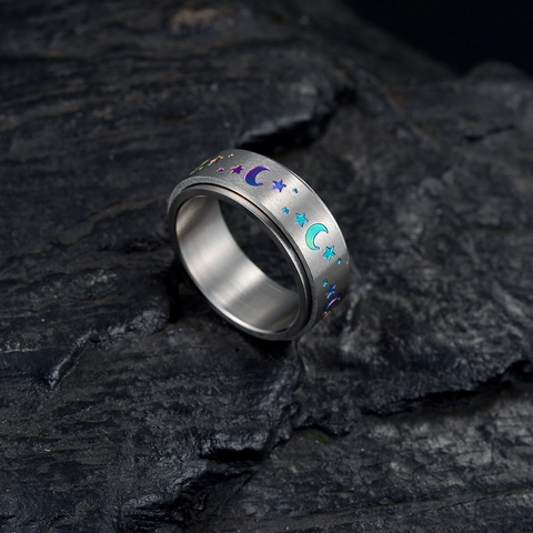 Edelstahl Spinner Ring Drehbarer Band Regenbogen Stern Mond Muster Gebürstetes Finish Stressabbau Mode Schmuck