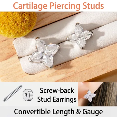 Star Cut Cubic Zirconia Titanium Steel Ear Cartilage Studs With Screw Flat Back Minimalist Piercing Jewelry For Women