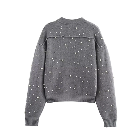 Damen Grau Künstliche Perle Bestickt Strickjacke Reißverschluss Kurz Cardigan Streetwear Locker Schnitt Langarm Strickwaren