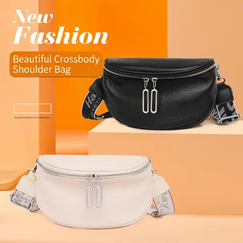 Bolso De Hombro Para Mujer Cuero De Vaca Patrón Lichi Bolso Media Luna Correa Ancha De Tela Con Letras Cremallera Bolso Crossbody