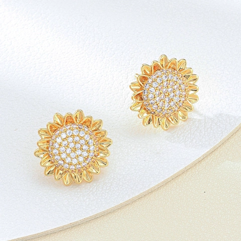 Pendientes de Botón de Girasol Circonia Cobre Chapado en Oro Floral Pendientes Elegantes Botánicos Mujer Joyería de Moda