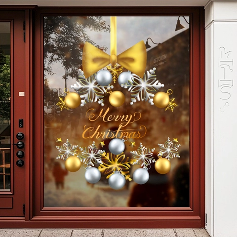 Christmas Window Cling Static PVC Glue-Free Gold Silver Xmas Ball Snowflake Decoration For Storefront Home Glass Door