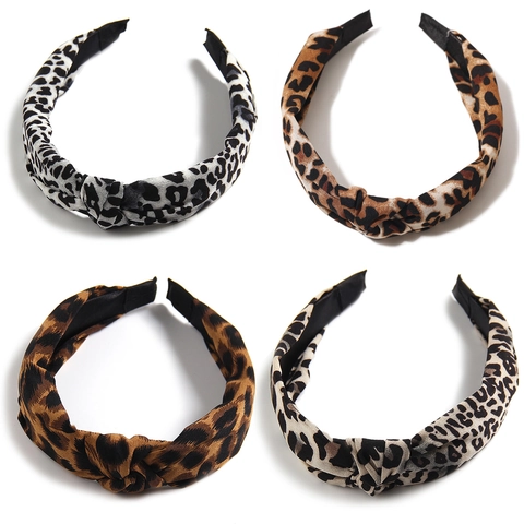 Leopard Print Headband Vintage Twisted Top Knot Polyester Fabric Wide Hair Accessory For Women Fashion