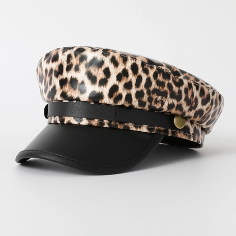 Damen Leopard Print PU Leder Schirmmütze Vintage Britischen Stil Flache Kappe Mit Metallknöpfen Schwarze Krempe
