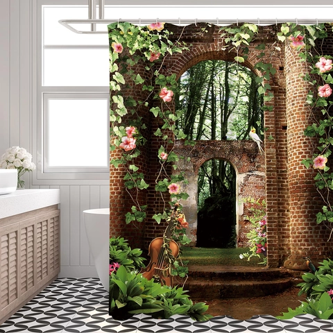 Cortina De Ducha Tela De Poliéster Impermeable 3D Paisaje Arco De Ladrillo Vintage Jardín Bosque Violonchelo Decoración
