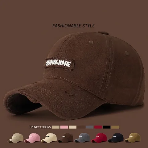 Sunshine Letter Embroidery Distressed Baseball Cap Cotton Frayed Edge Adjustable Vintage Sun Hat For Men Women