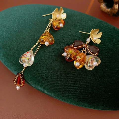 Pendientes Colgantes Asimétricos Retro Con Colgantes De Resina De Corazón Ámbar Perlas Artificiales Y Poste De Plata Para Mujeres