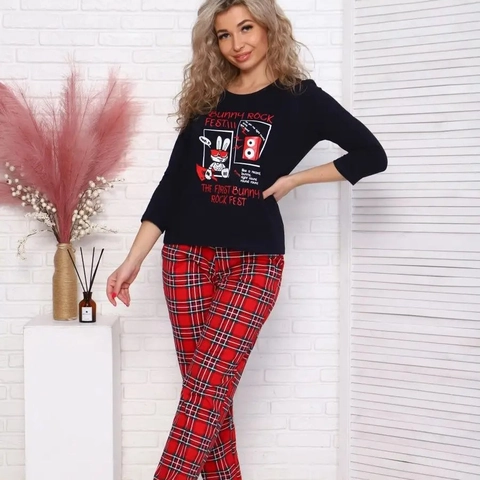 Dames Pyjama Top En Geruite Broek Lange Mouwen Ronde Hals Konijn Print Kerstmis Nieuwjaar Polyester Elastaan Loungewear