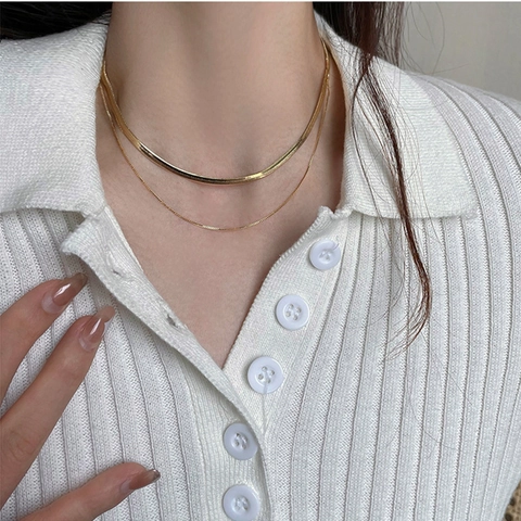 Collana a Doppio Strato in Acciaio Inossidabile Minimalista da Donna Placcata Oro Argento Catena a Spina di Pesce Gioielli
