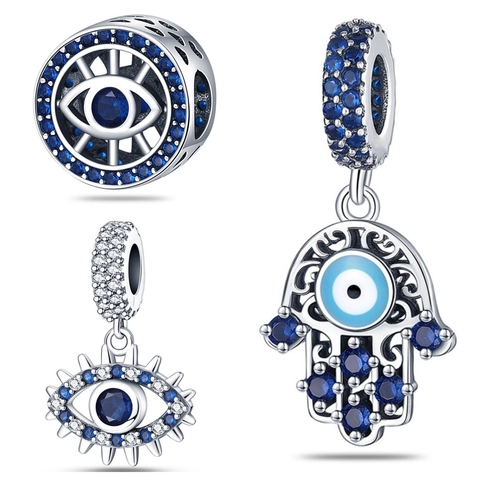 Silver Plated Evil Eye Hamsa Hand Charms Beads Blue Zircon Enamel DIY Jewelry Making Finding