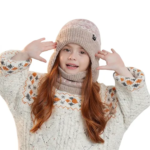 Ensemble Bonnet Et Écharpe En Tricot D'Hiver Pour Enfants Doublé Polaire Épais Chaud Protection Oreilles Coupe-Vent Filles Garçons