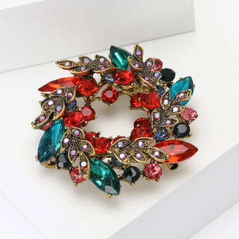 Vintage Flower Wreath Brooch Pin Alloy Multicolor Rhinestone Crystal Elegant Jewelry Accessory For Women Suit Coat