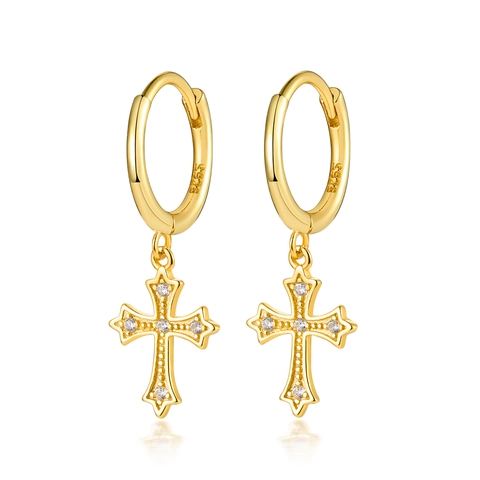 925 Sterling Silver Cross Pendant Hoop Earrings With Cubic Zirconia Beaded Textured Religious Fashion Jewelry For Women