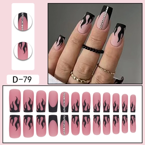 Matte Press On Nails Black Flame Long Square False Nails Pink Black Rhinestone Fake Nails Artistic Manicure