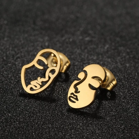 Abstract Face Stud Earrings Stainless Steel Asymmetric Hollow Line Profile Artistic Retro Minimalist Jewelry For Women