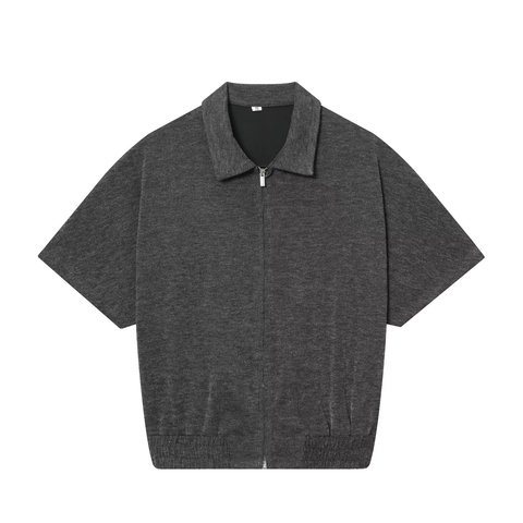 Short Sleeve Zip Up Lapel Top And Wide Leg Pants Ribbed Knit Casual Solid Color Streetwear For Women