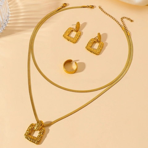 Goudkleurige Roestvrijstalen Ketting Oorbellen En Open Ring Sieraden Gehamerd Geometrische Vierkante Textuur Voor Dames