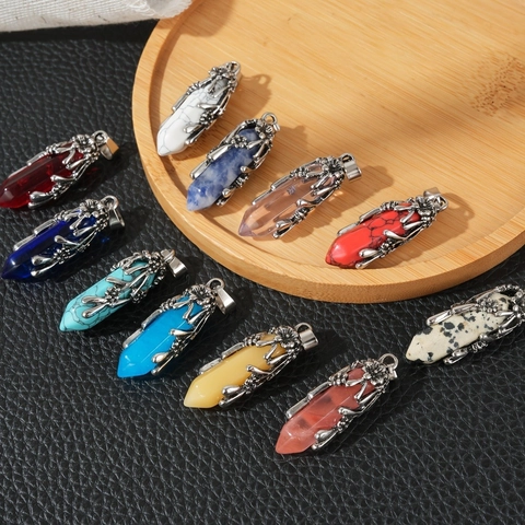 Hexagonal Pointed Column Natural Gemstone Pendant Vintage Alloy Floral Wrap Bohemian Crystal Charm For Necklace Making