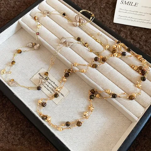 Collana Lunga A Catena Per Maglione Con Pietra Occhio Di Tigre Perla Artificial Di Imitazione Doppio Strato Placcato Oro 18K Retrò