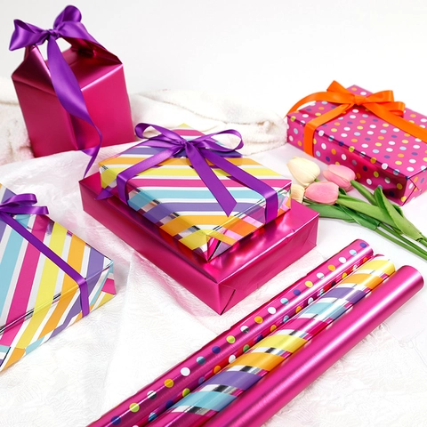 Gift Wrapping Paper Roll Metallic Aluminized Colorful Stripes Polka Dots Birthday Valentine Holiday Decorative Wrap