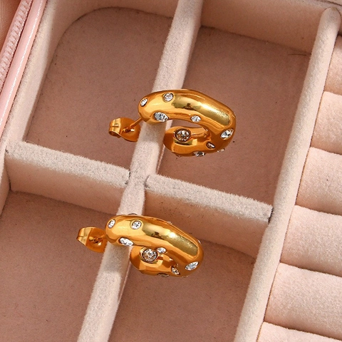 Vintage Stainless Steel 18K Gold Plated C-Shaped Hoop Earrings For Women Inlaid Round Zirconia Geometric Thick Ear Hoop Jewelry