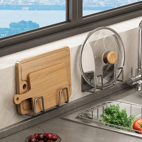 Wall Mounted Pot Lid Rack Cutting Board Holder Stainless Steel Carbon Steel No Drill Heavy Duty Kitchen Storage Organizer
