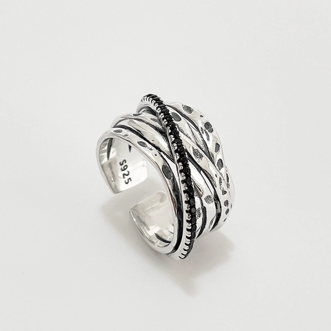 Anello Aperto Multistrato In Argento Sterling 925 Con Zirconia Nera Design Regolabile Gioielli Retro Ossidati