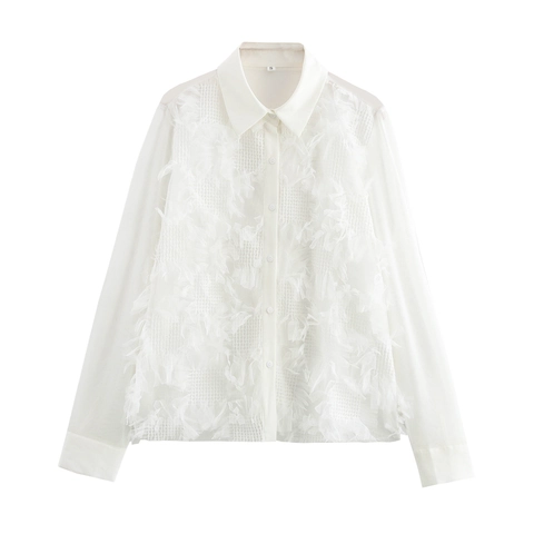 Chemisier Femme Élégant Manches Longues Blanc Maille Transparente Dentelle Chemise Col À Revers Boutonné Franges