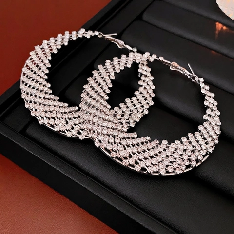 Funkelnde Strass Besetzte Creolen Mit Silbernen Ohrsteckern Legierung Netz Gitter Mode Chic Luxus Für Damen