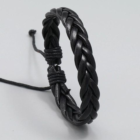 Bracelet En Cuir PU Tressé Pour Hommes Cordon De Cire Noir Tissage Manuel Style Punk Vintage Bijoux Réglables