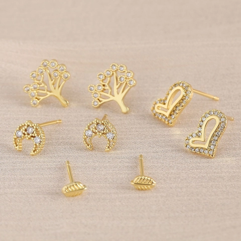 Gold Plated Copper Zircon Stud Earrings Heart Tree Of Life Moon Leaf Geometric Dainty Fashion Jewelry For Women