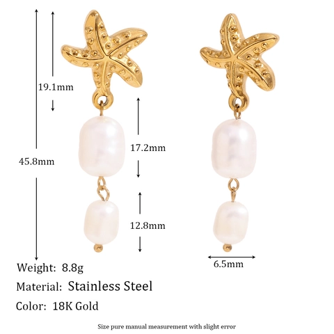 Pendientes Colgantes De Estrella De Mar Acero Inoxidable Chapado En Oro 18K Perla Barroca Artificial Estilo Océano Vintage Mujer