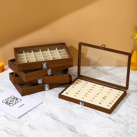 Vintage Walnut Wood Jewelry Box With Glass Lid Flannel Lining Rings Necklaces Earrings Storage Case Display Organizer